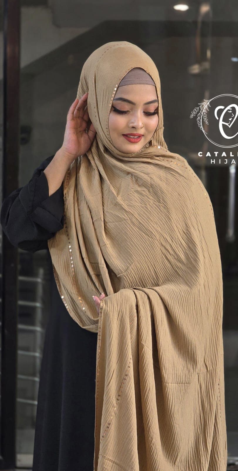 Sequin work mini pleated cotton hijab