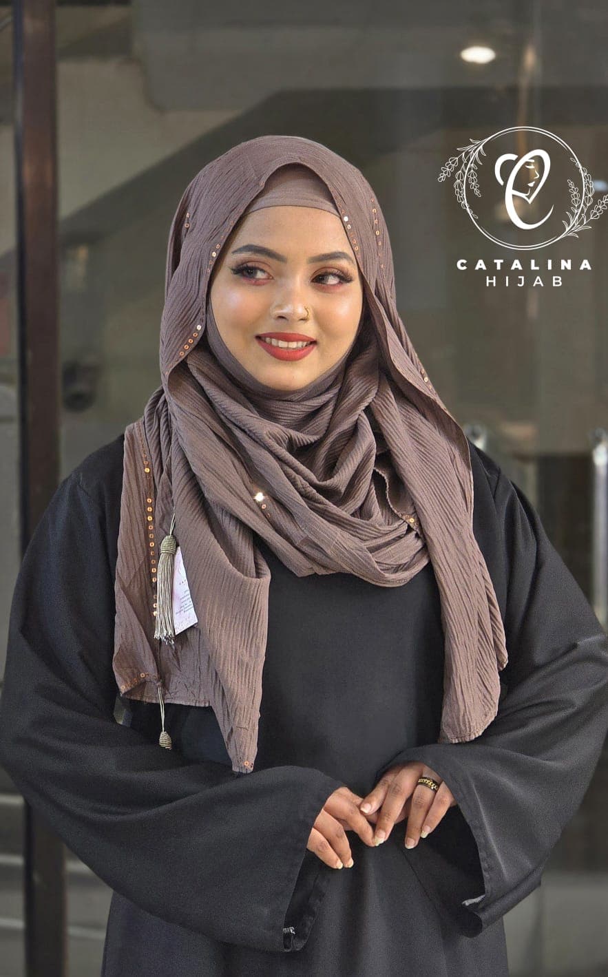 Sequin work mini pleated cotton hijab
